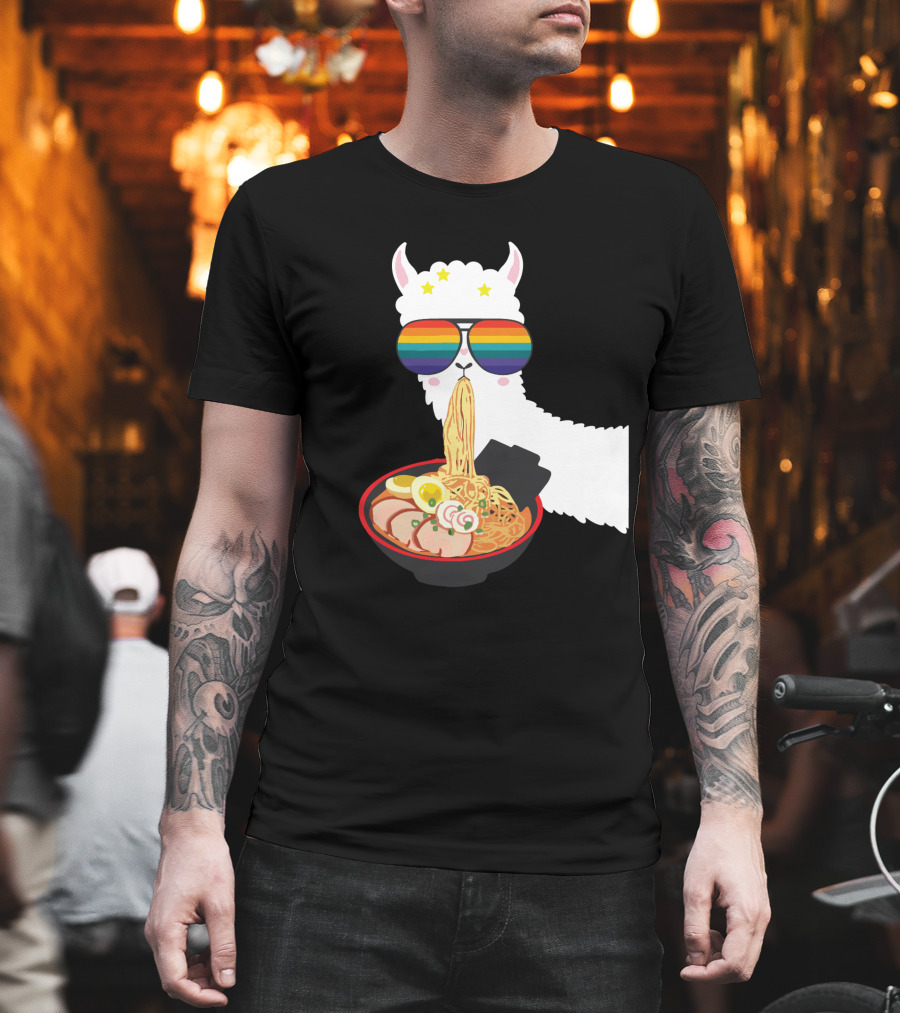 Rainbow Sunglasses LLama Eating Ramen Japanese Anime T-Shirt