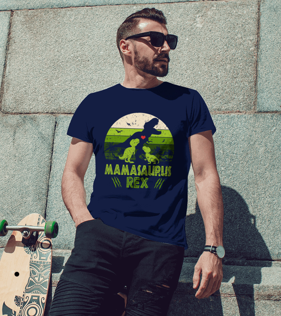 Kid Dinosaur Love For MamaSaurus Rex With Green Jungle Scene And Heart T-Shirt
