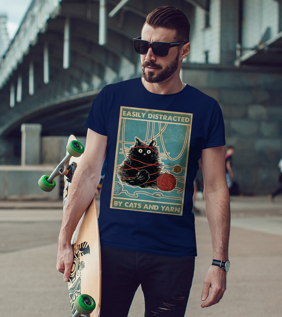 Easily Distracted Black Cat With Red Yarn And Balls Of Yarn T-Shirt