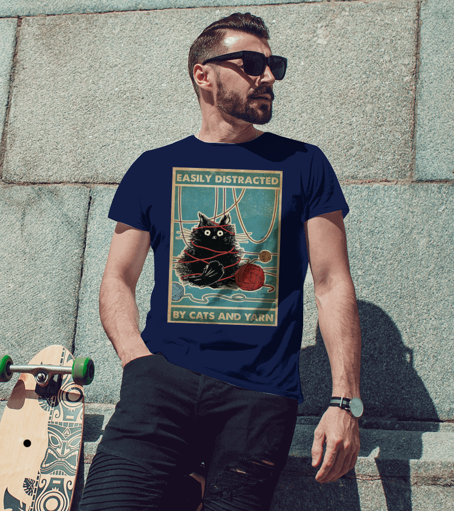Easily Distracted Black Cat With Red Yarn And Balls Of Yarn T-Shirt