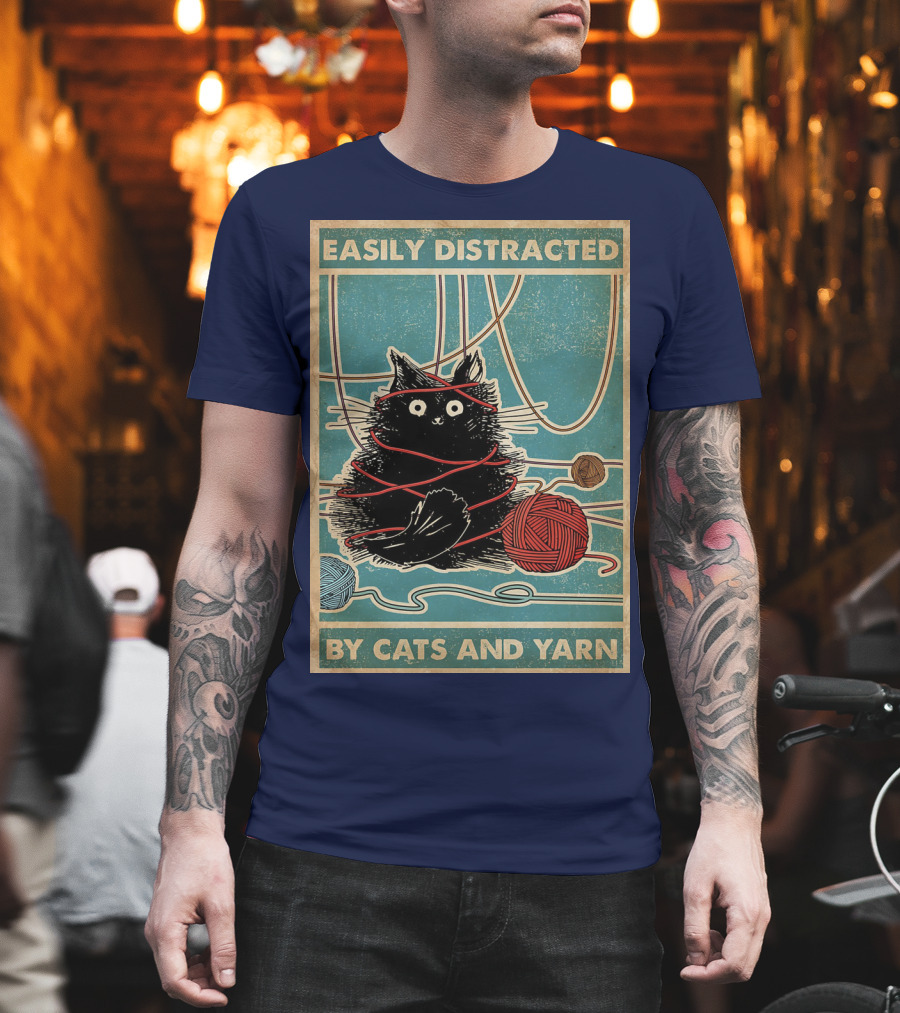 Easily Distracted Black Cat with Red Yarn and Balls of Yarn T-Shirt