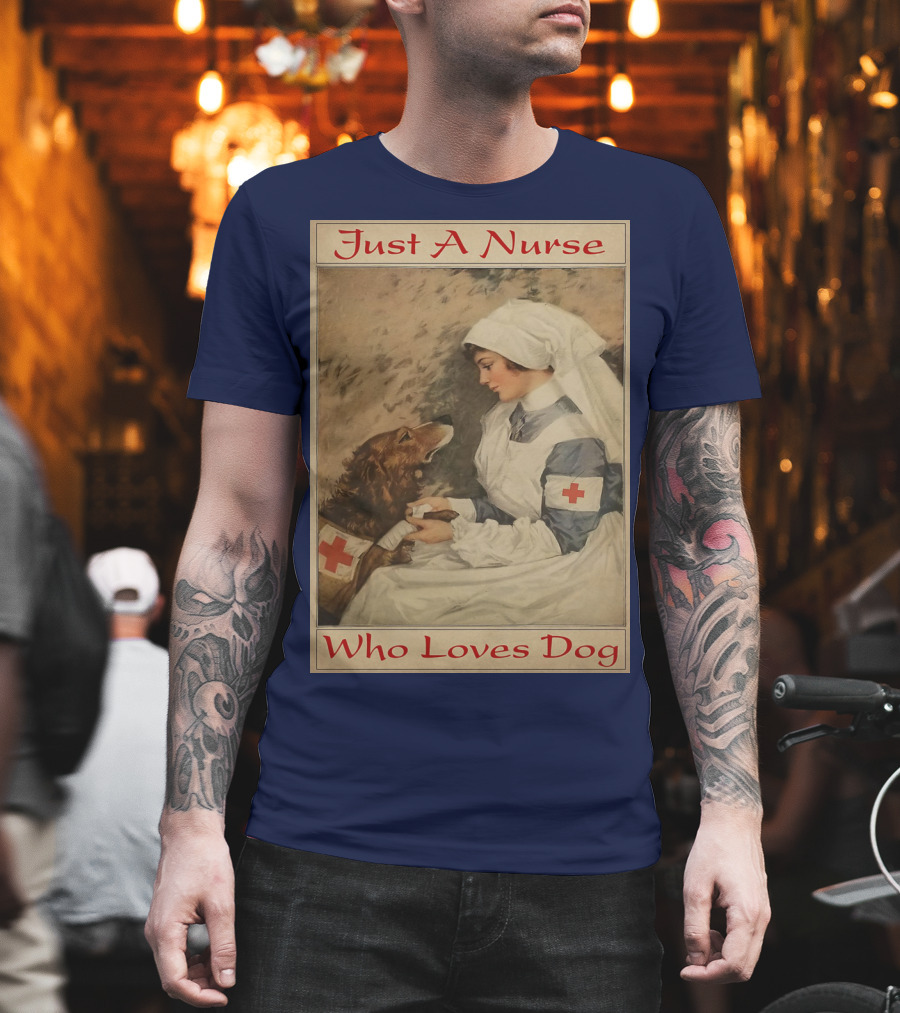 Just A Nurse Who Loves Dog With Red Cross And Caring Gesture T-Shirt