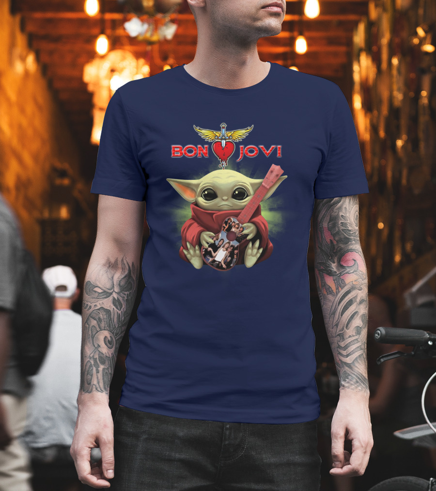 Baby Yoda Holding Guitar with Bon Jovi Heart Dagger T-Shirt