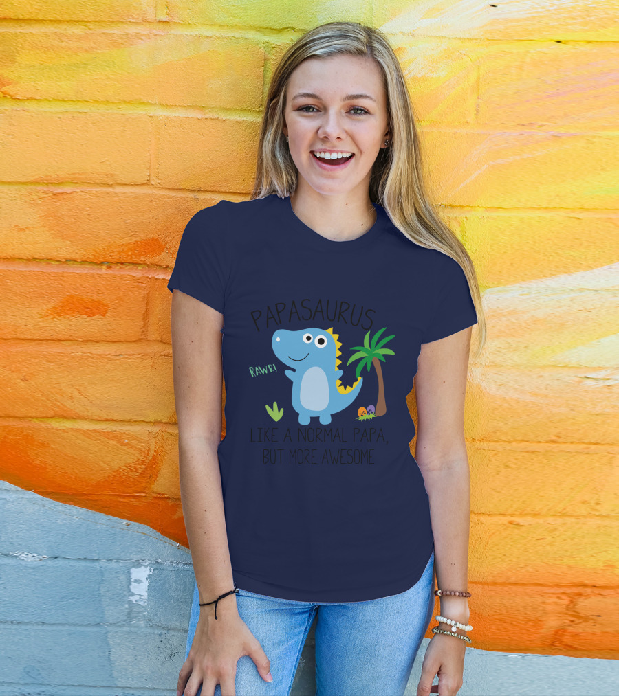 Papasaurus Rawr Like A Normal Papa But More Awesome Dinosaur With Palm Tree And Eggs T-Shirt