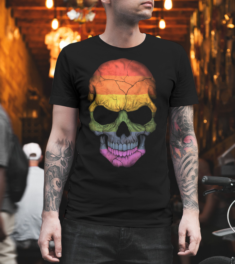 Gay Pride Rainbow Flag Skull Cracked Texture T-Shirt