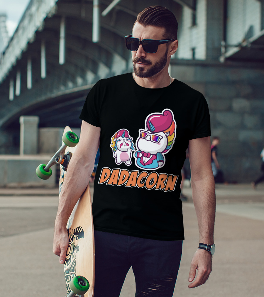 Dadacorn Unicorn Dad And Baby With Rainbow Outfits And Sunglasses T-Shirt