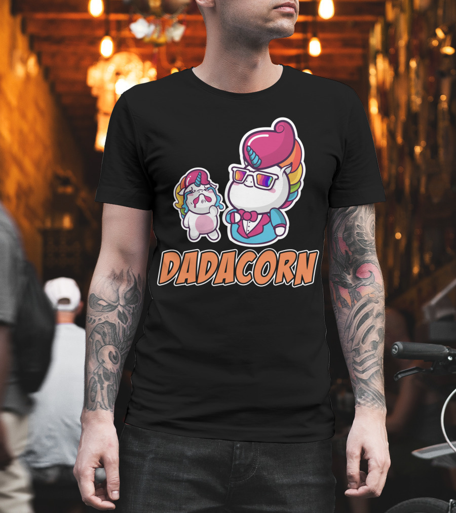 Dadacorn Unicorn Dad and Baby with Rainbow Outfits and Sunglasses T-Shirt