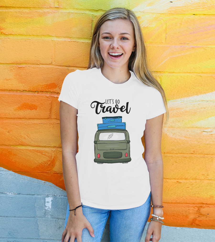 Let's Go Travel With Retro Van And Luggage Stack T-Shirt