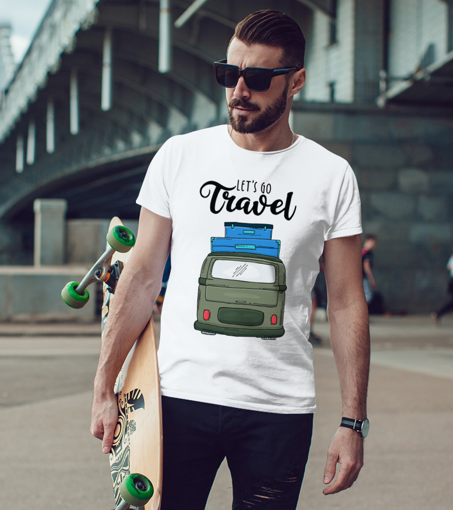 Let's Go Travel With Retro Van And Luggage Stack T-Shirt