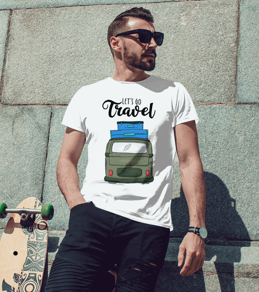 Let's Go Travel With Retro Van And Luggage Stack T-Shirt