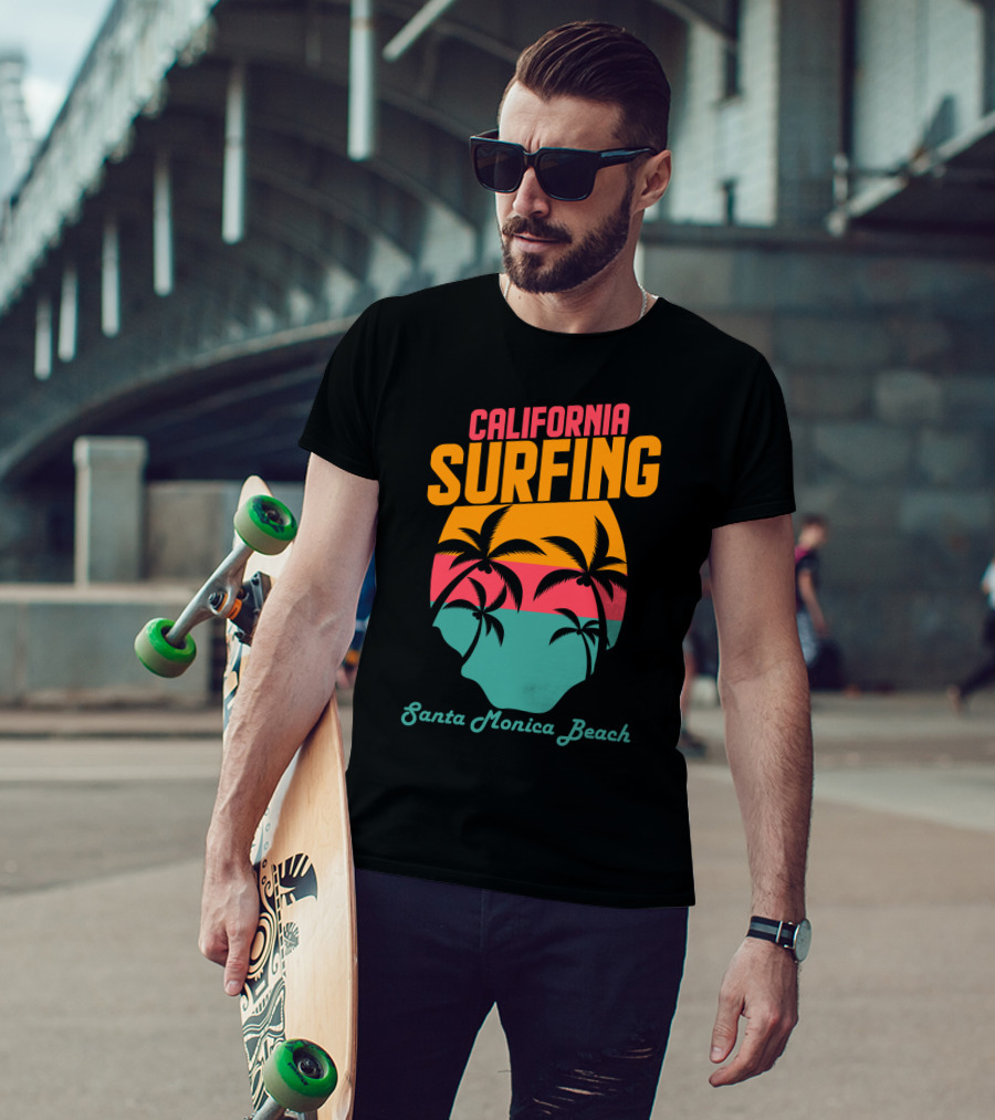 California Surfing Santa Monica Beach Sunset Palm Trees T-Shirt