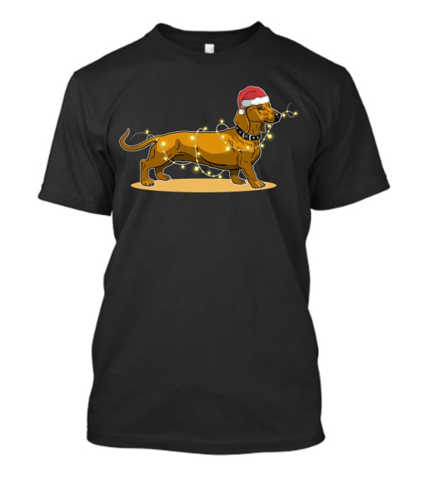Dachshund Wrapped In Christmas Lights Wearing Santa Hat T-Shirt