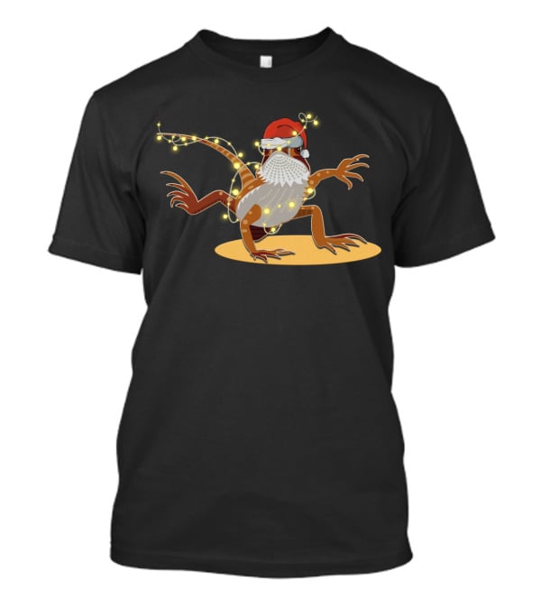 Santa Hat Bearded Dragon Wrapped In Christmas Lights T-Shirt