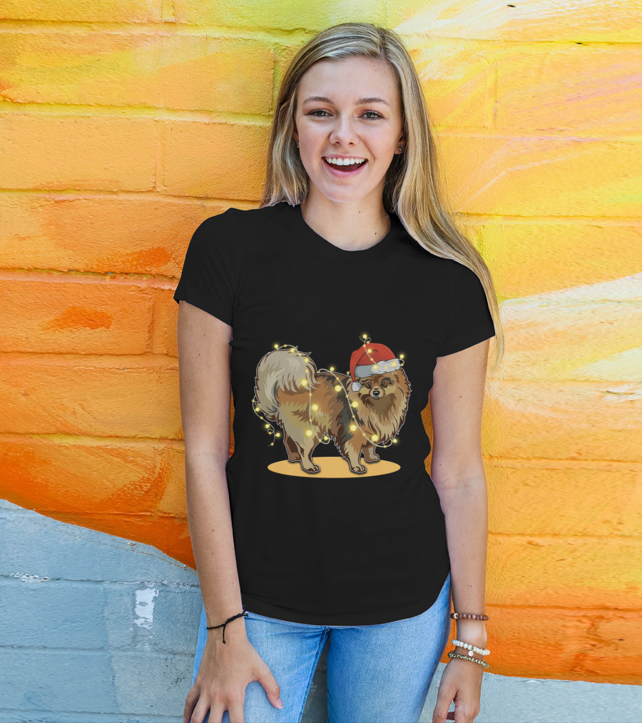 Pomeranian Wrapped In Christmas Lights Wearing Santa Hat T-Shirt
