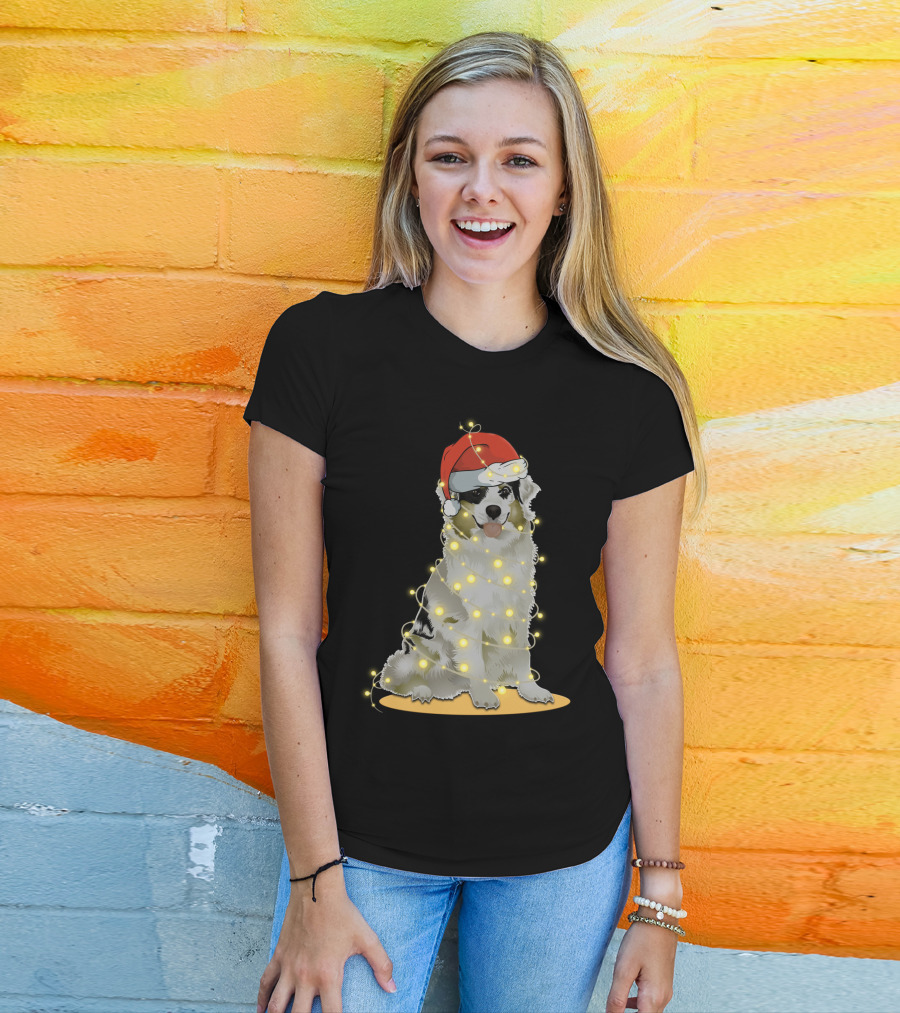 Santa Hat Australian Shepherd Wrapped In Christmas Lights T-Shirt
