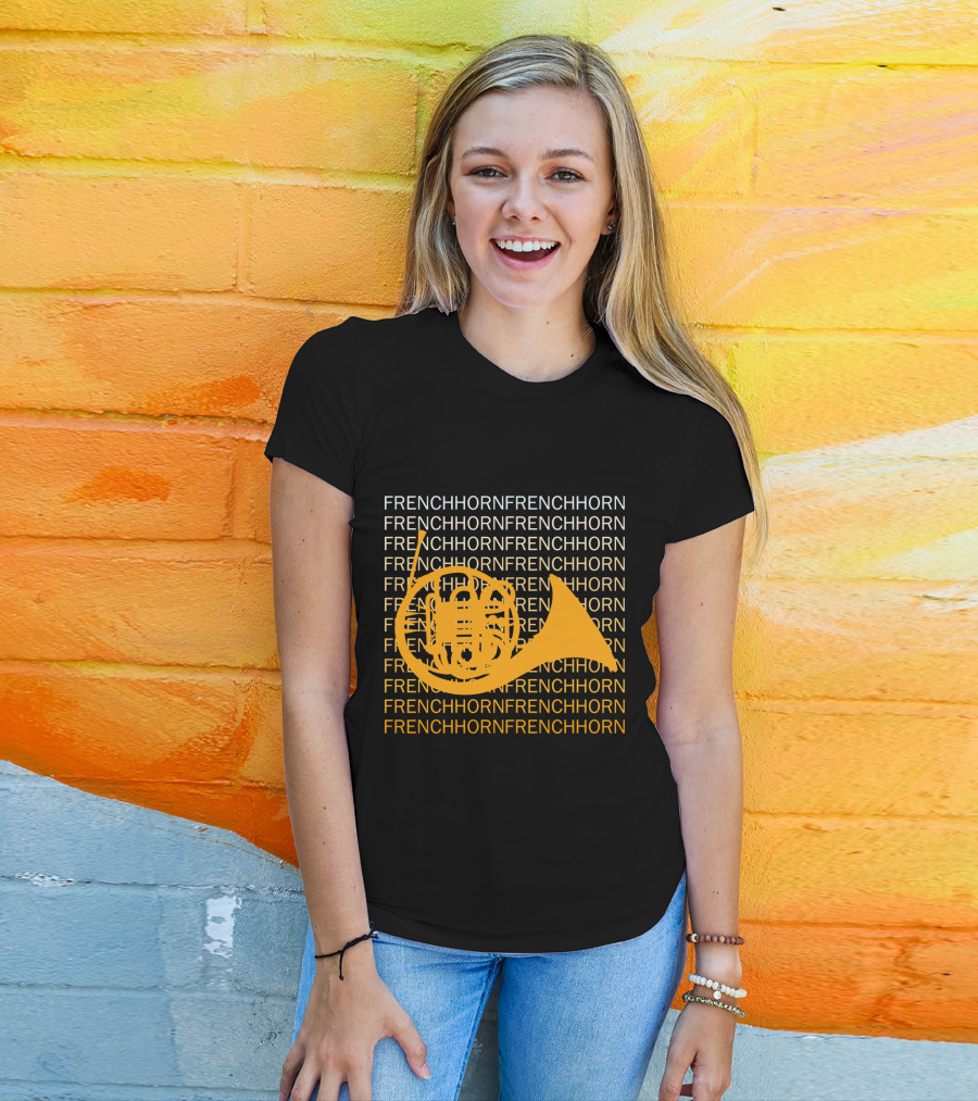Repeating French Horn Text With Yellow Instrument T-Shirt