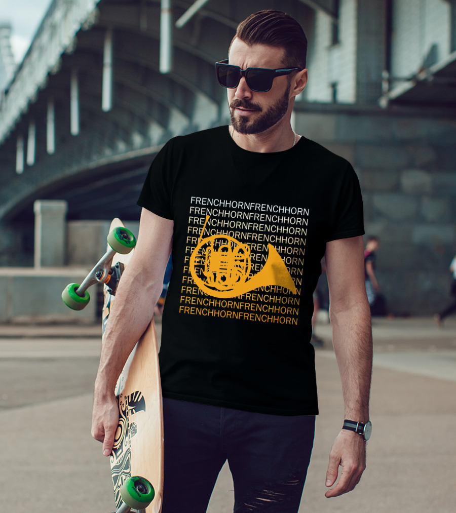 Repeating French Horn Text With Yellow Instrument T-Shirt