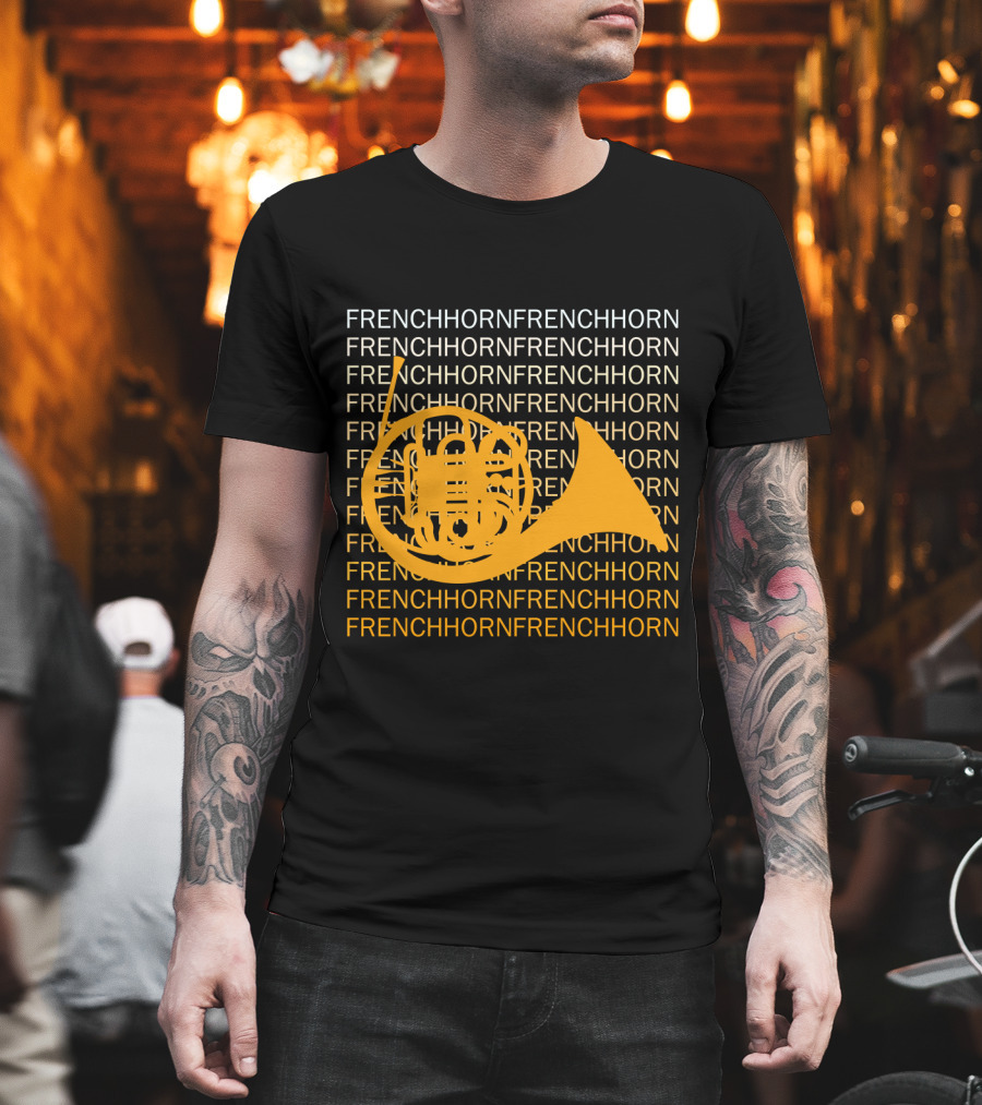 Repeating French Horn Text With Yellow Instrument T-Shirt