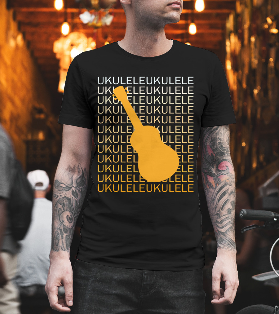 Repeating Ukulele Text with Orange Ukulele T-Shirt