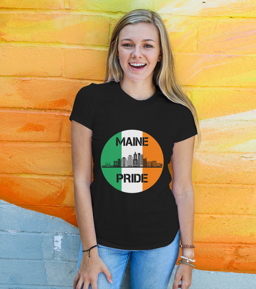 Maine Pride City Skyline With Irish Flag Colors Maine T-Shirt