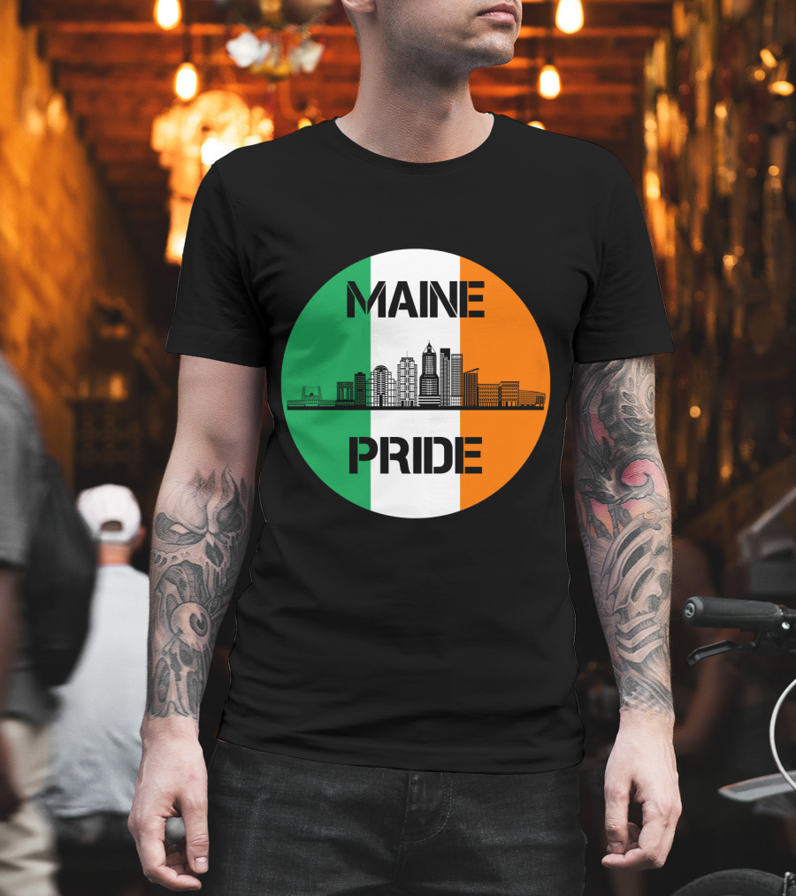 Maine Pride City Skyline With Irish Flag Colors Maine T-Shirt