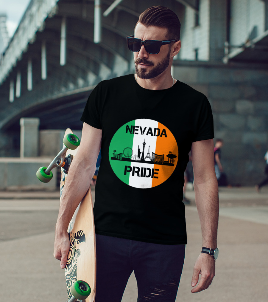 Nevada Pride Skyline With Irish Flag Colors And Iconic Landmarks T-Shirt