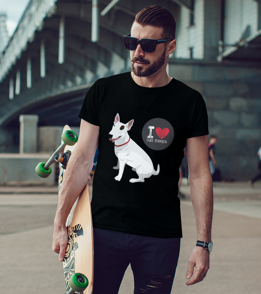 I Love Bull Terrier White Dog Sitting With Red Collar T-Shirt