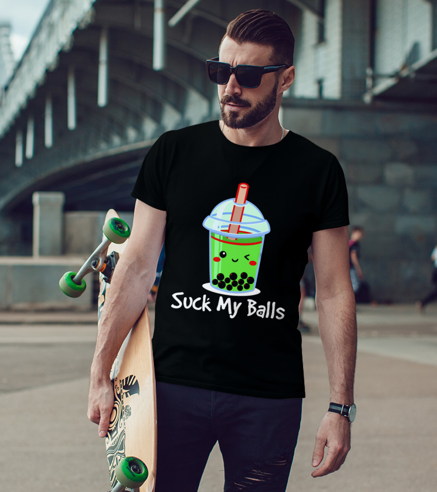 Suck My Balls Kawaii Bubble Tea Cup With Straw And Tapioca Pearls T-Shirt