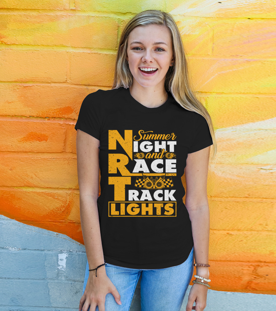 Summer Night And Race Track Lights With Engine And Checkered Flags T-Shirt