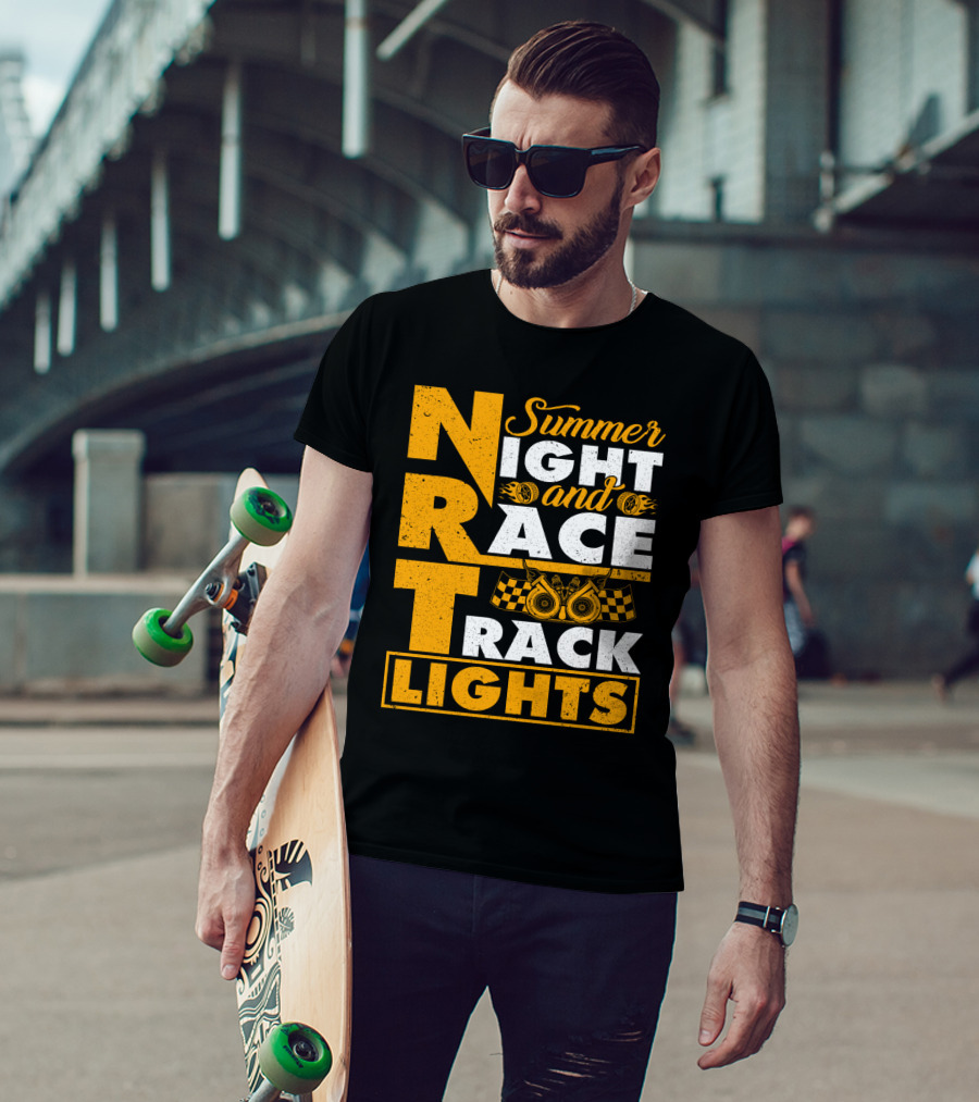 Summer Night And Race Track Lights With Engine And Checkered Flags T-Shirt