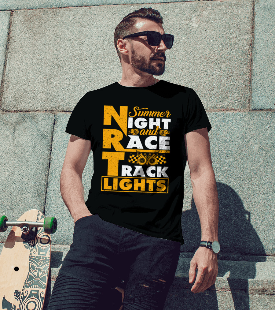Summer Night And Race Track Lights With Engine And Checkered Flags T-Shirt