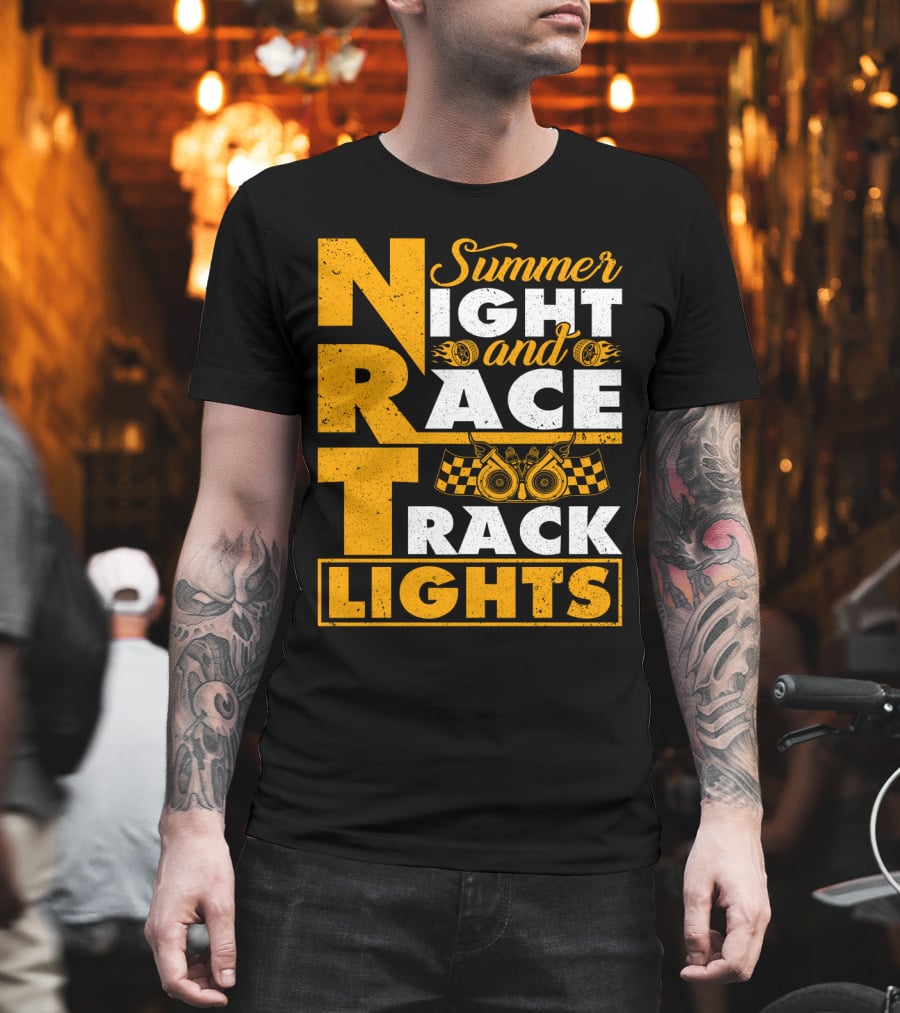 Summer Night and Race Track Lights with Engine and Checkered Flags T-Shirt
