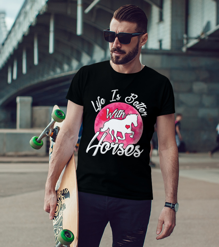 Life Is Better With Horses White Silhouette And Pink Watercolor Circle T-Shirt