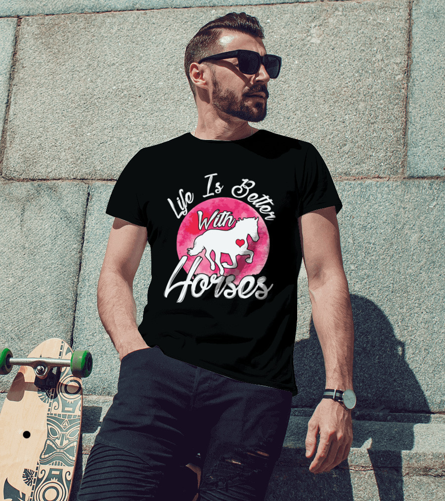 Life Is Better With Horses White Silhouette And Pink Watercolor Circle T-Shirt