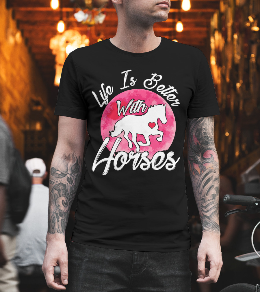 Life Is Better With Horses White Silhouette and Pink Watercolor Circle T-Shirt