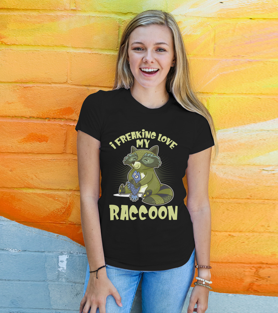 I Freaking Love My Raccoon Hugging Fish With Green And Black Stripes T-Shirt