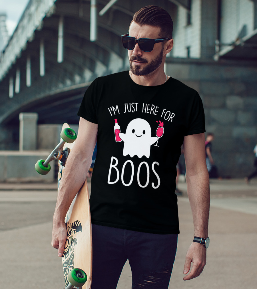 I'm Just Here For Boos Ghost Holding Wine Bottle And Glass T-Shirt
