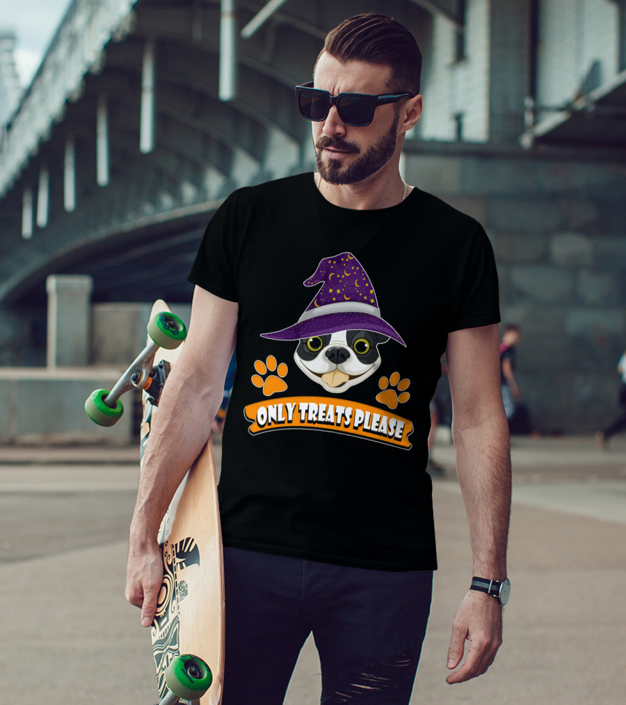 Boston Terrier Only Treats Please Wizard Hat And Paw Prints T-Shirt