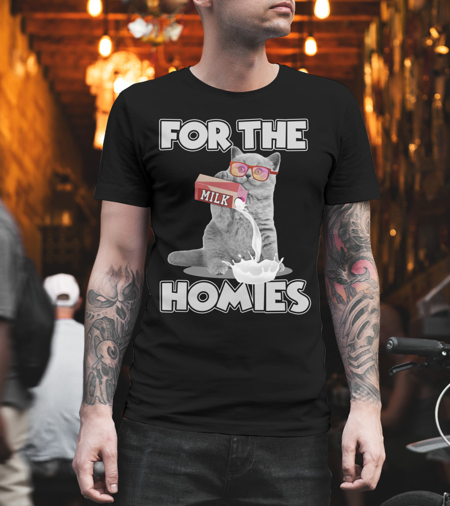 For the Homies Funny Cat Pouring Milk with Glasses T-Shirt