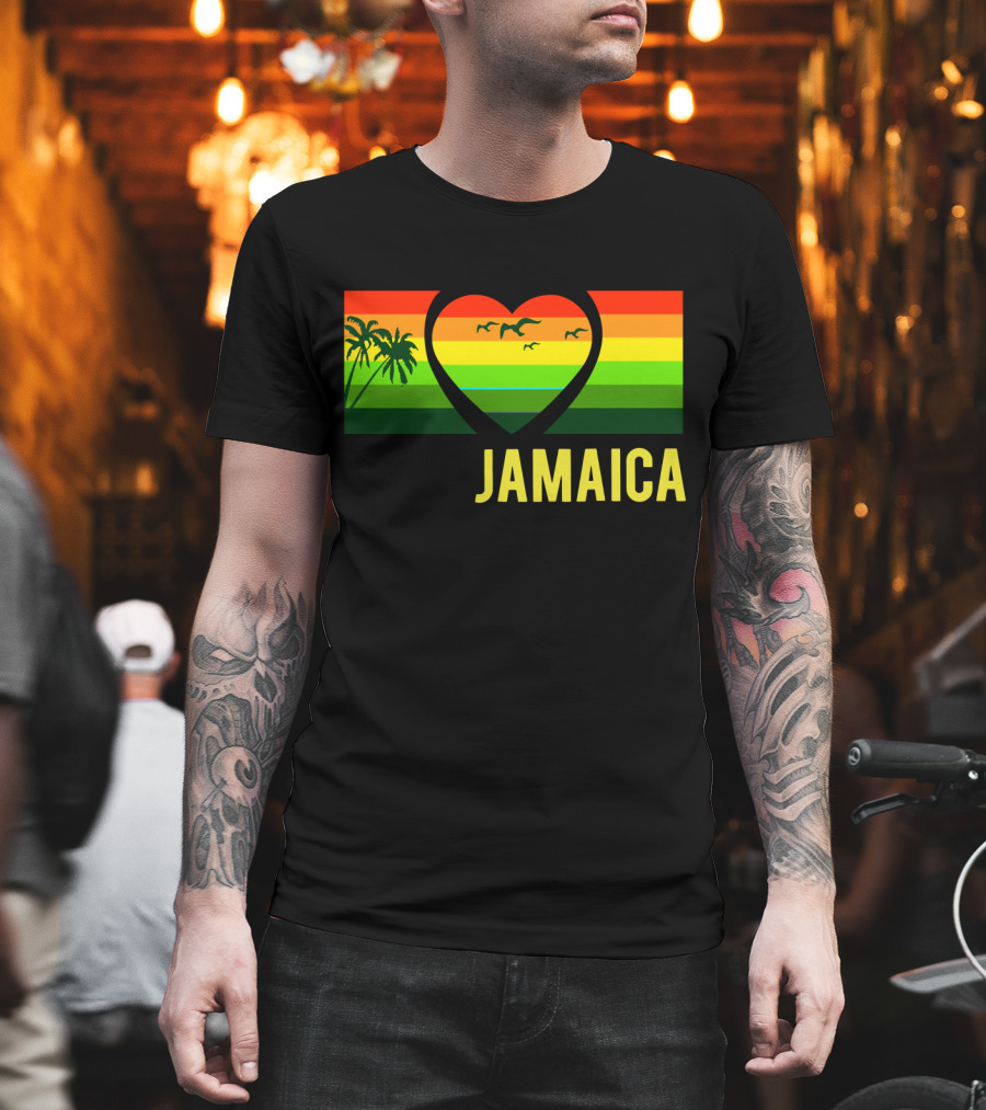 Jamaica Heart Rasta Reggae Sunset With Palm Trees And Birds T-Shirt