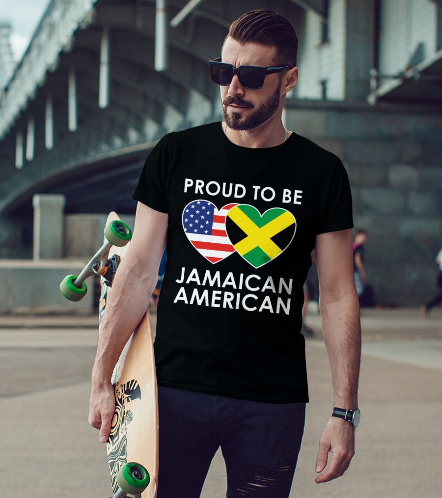 Proud To Be Jamaican American USA Flag Jamaican Flag Hearts T-Shirt
