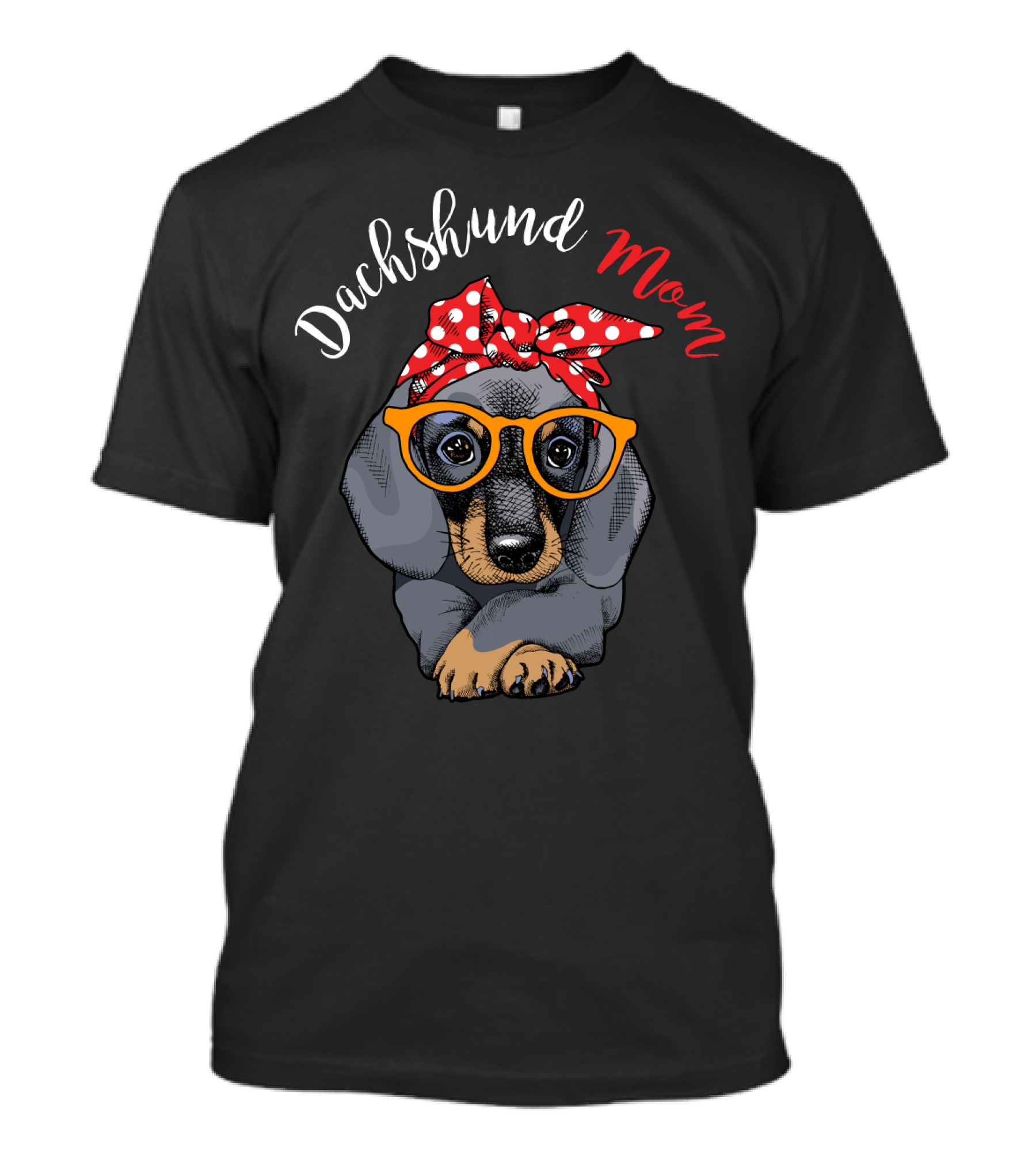 Dachshund Mom Red Polka Dot Turban And Glasses T-Shirt