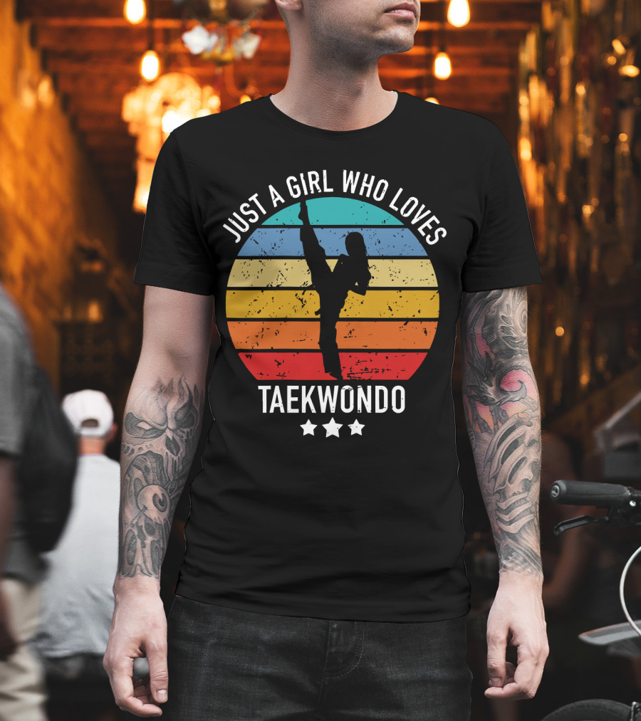 Just A Girl Who Loves Taekwondo Vintage Silhouette Rainbow Stripes T-Shirt
