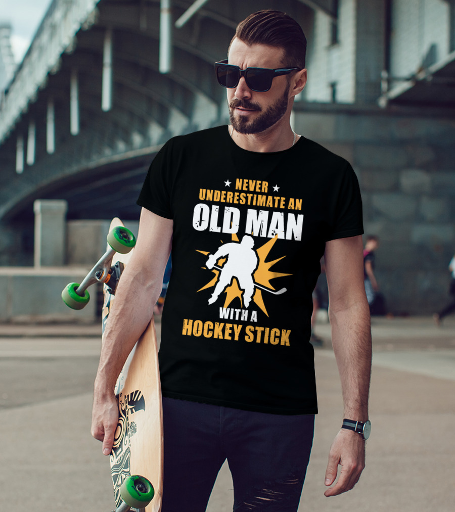Never Underestimate An Old Man With A Hockey Stick Silhouette Starburst T-Shirt
