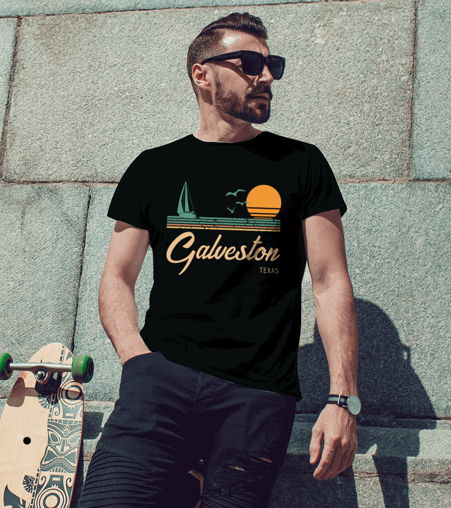 Vintage Galveston Texas Sailboat And Sunset Scene T-Shirt