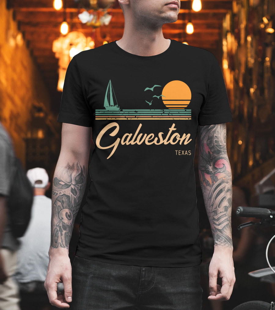 Vintage Galveston Texas Sailboat And Sunset Scene T-Shirt