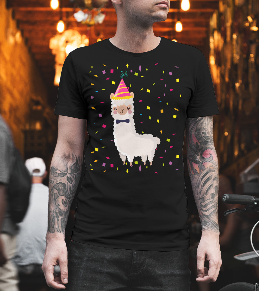 Funny Alpaca Birthday Party Celebration with Confetti T-Shirt