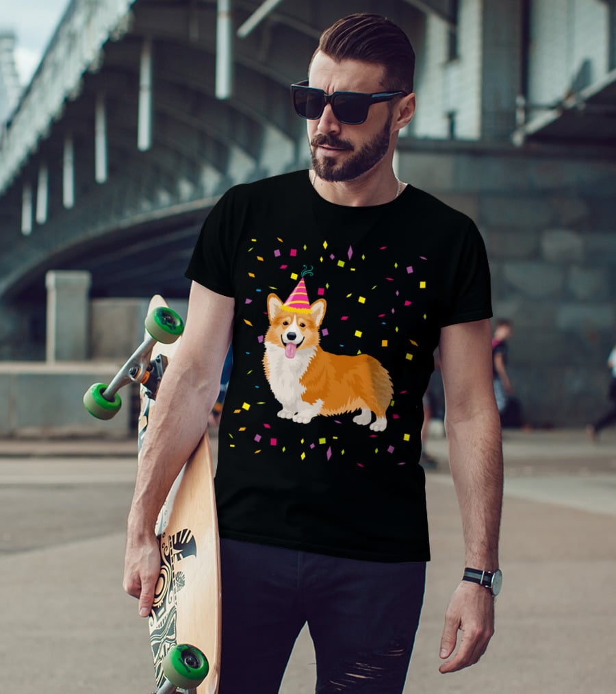 Welsh Corgi Birthday Party With Confetti And Party Hat T-Shirt