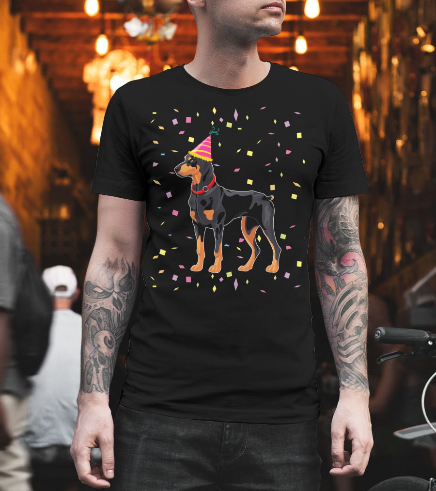 Doberman With Party Hat And Confetti T-Shirt