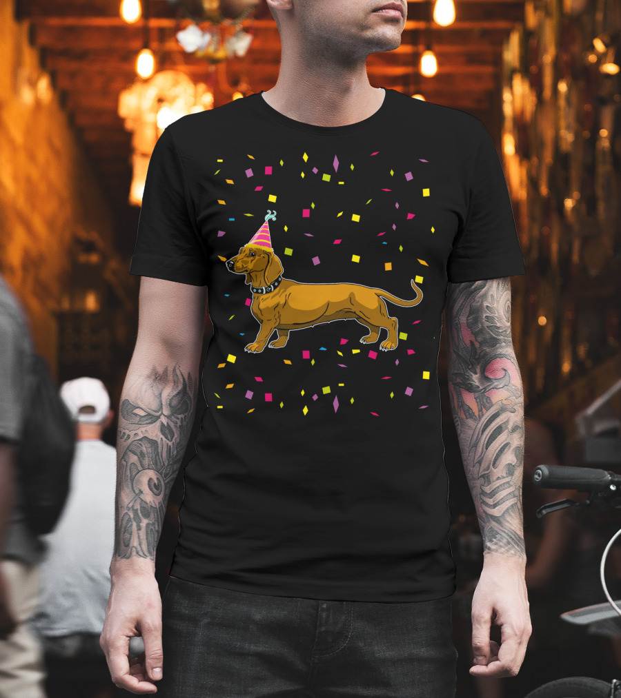 Funny Dachshund Birthday Party with Confetti and Party Hat T-Shirt